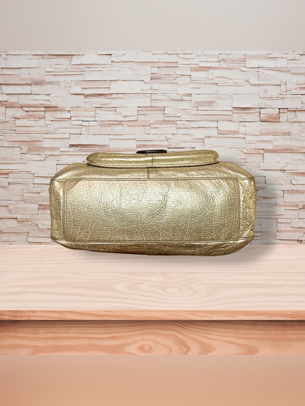 Coach Courtney Dome Metallic Gold Leather Shoulder Bag Whipstitch Buckle Pocket - Picture 7 of 8
